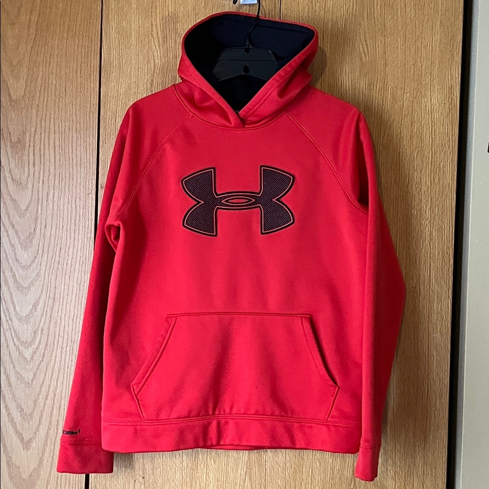 Under Armour Storm 1 LOOSE Boy’s Large red black Logo Hoodie Fleece Backed GUC